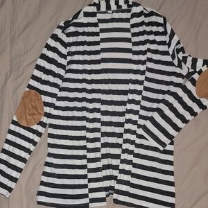 Striped Black and White Sweater with Tan Elbow Patches